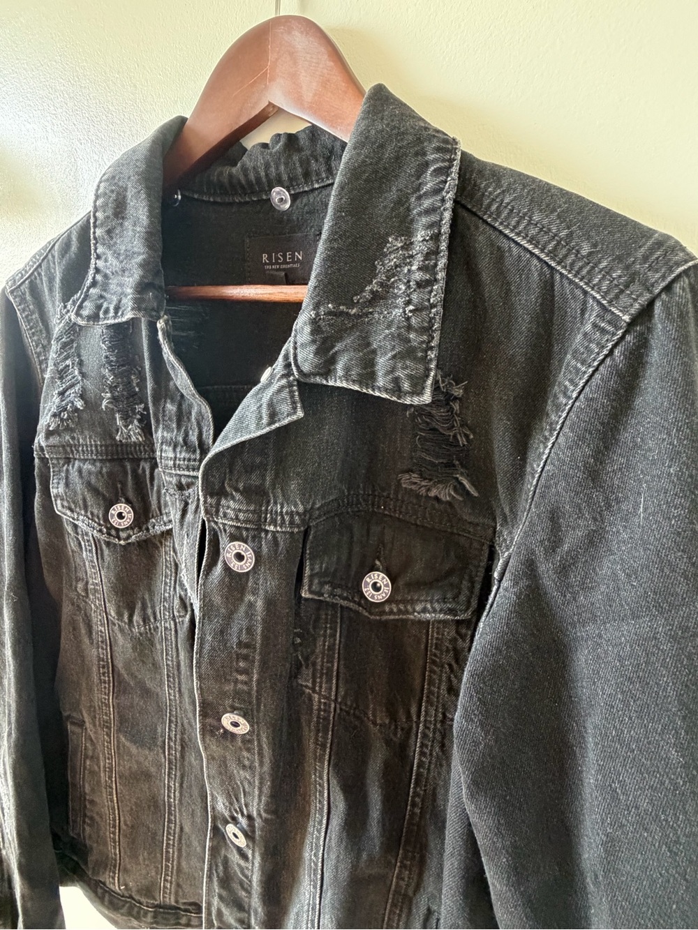 RISEN | Black Distressed Denim Trucker Jacket | Size Medium - Picture 6 of 10